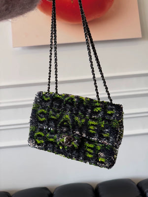 Mini Chanel CF bag with gradient neon green lettering and sequins