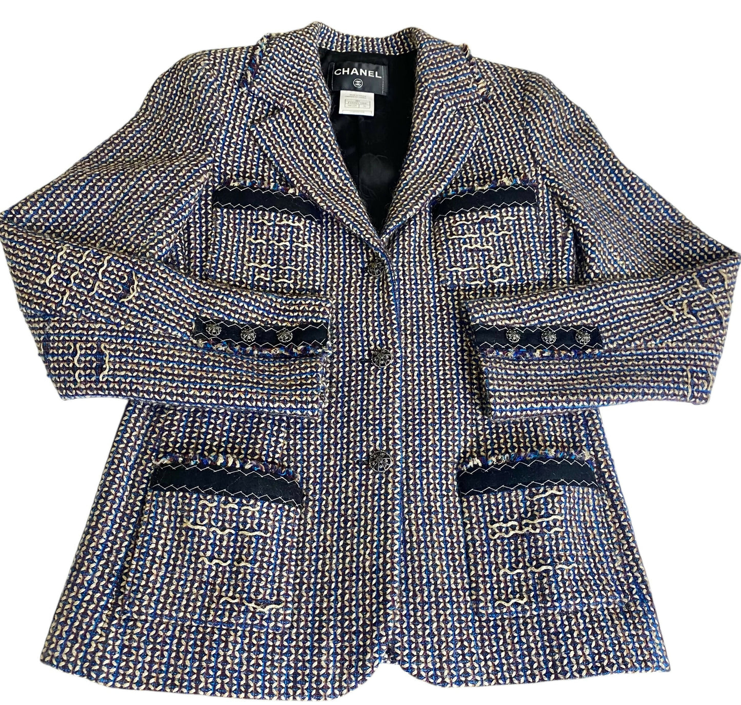 Rare Chanel 08A Runway Tweed Turquoise Blue Multicolor Gold Blazer Jacket FR 36
