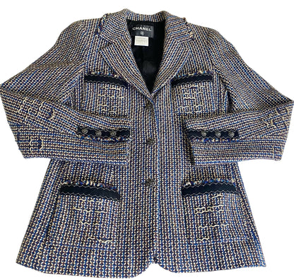Rare Chanel 08A Runway Tweed Turquoise Blue Multicolor Gold Blazer Jacket FR 36