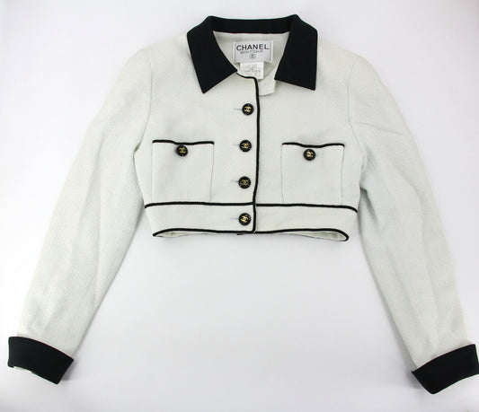 Chanel Vintage P95 Wool Coco Button White Light Green Short Jacket