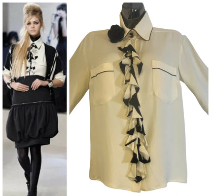 Chanel 08A Runway Silk Pleated Camellia Ecru Black Blouse FR 36