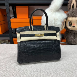 Hermes Birkin 30 black and gold matte crocodile leather gold hardware