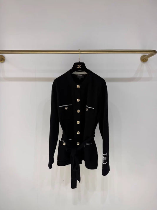 Chanel 25B Black Cashmere Knit Cardigan with Gold Buttons and Multi-Element Design