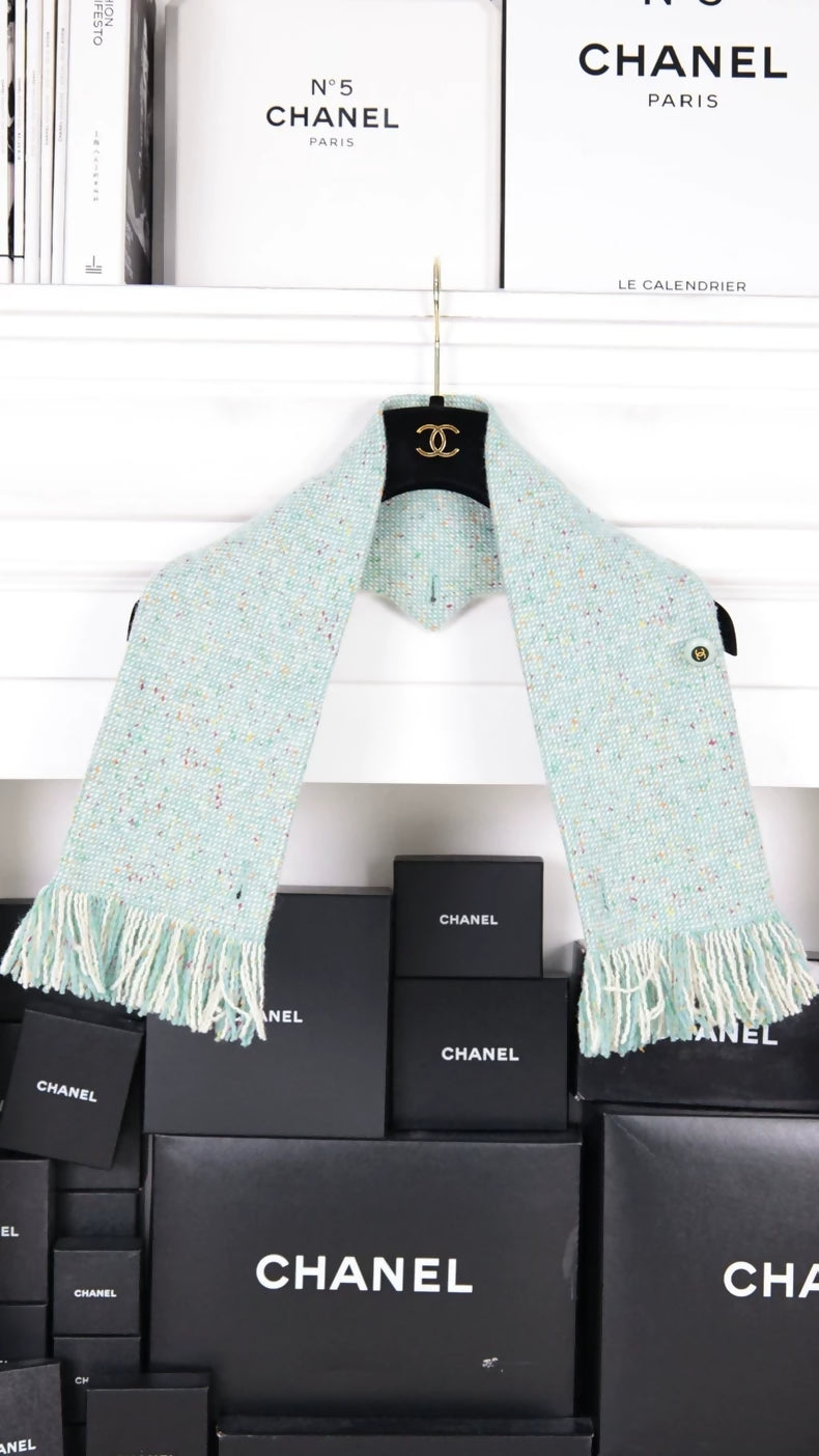 Chanel 2001 Fall/Winter Mint Green Tweed Scarf & cardigan