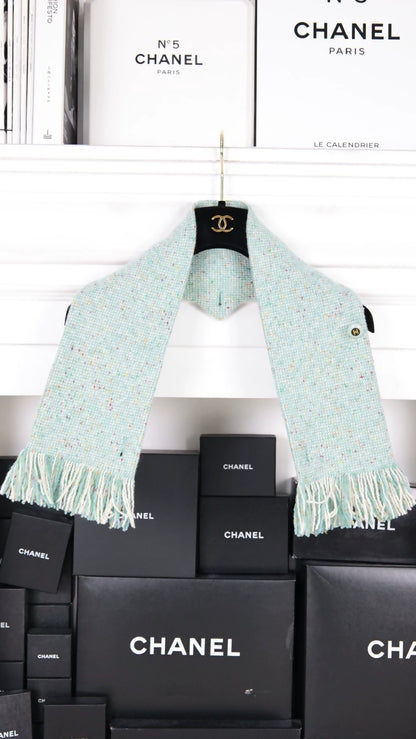Chanel 2001 Fall/Winter Mint Green Tweed Scarf & cardigan
