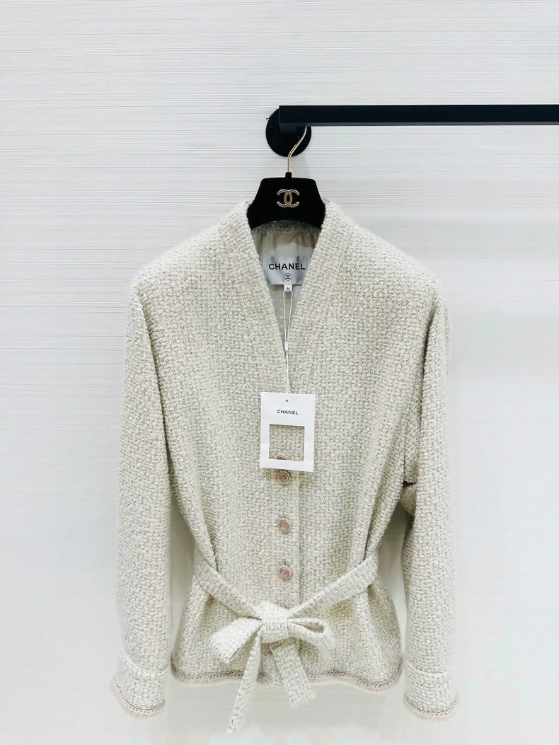 Chanel 24C ecru tweed cardigan with belt
