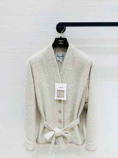 Chanel 24C ecru tweed cardigan with belt