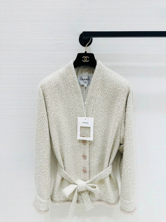 Chanel 24C ecru tweed cardigan with belt