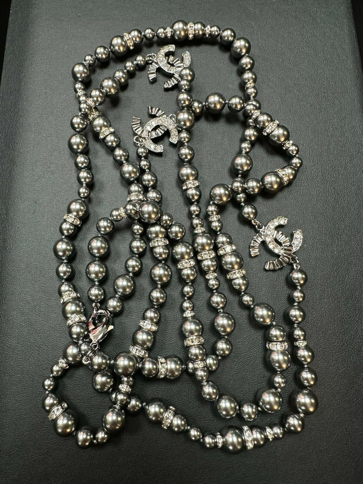 Chanel 2021 Rhinestone & Grey Imitation Pearl CC Long Necklace
