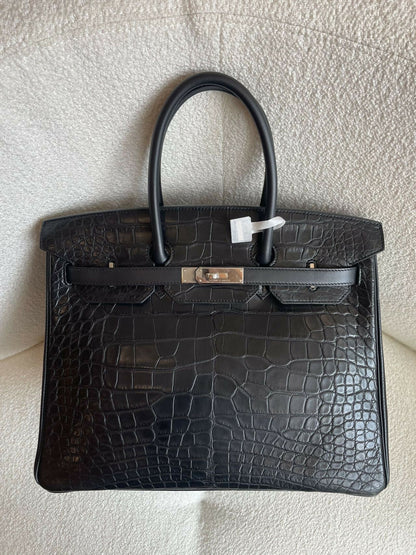 Hermès Birkin 35 Tri-Material Limited Edition Noir / Black Matte Alligator Veau Box & Togo Leather with Palladium Hardware Square R Stamp