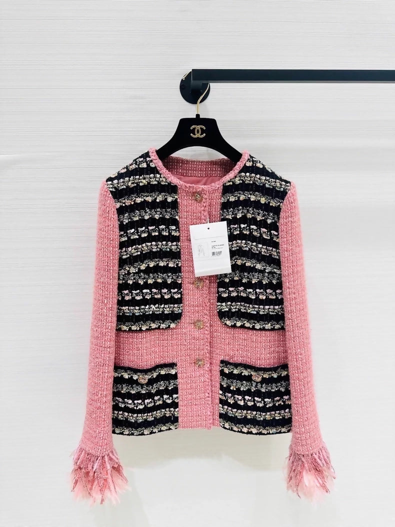 Chanel 22A Black/pink tweed & Feather Jacket
