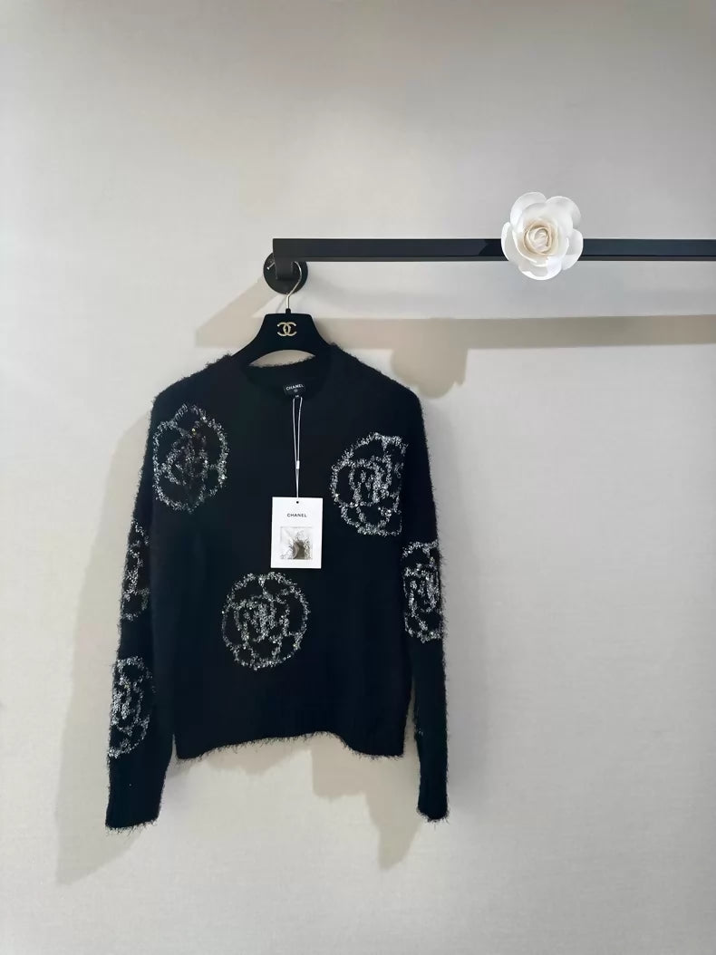 Chanel 23k Black Glitter Camellia Sequined Knit Sweater,
