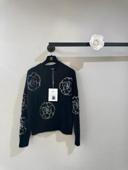 Chanel 23k Black Glitter Camellia Sequined Knit Sweater,