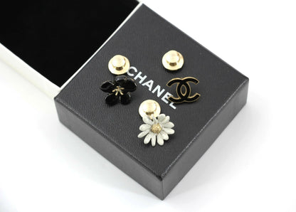 Chanel Vintage 10P Enamel Black Flower CC and White Chrysanthemum Brooch