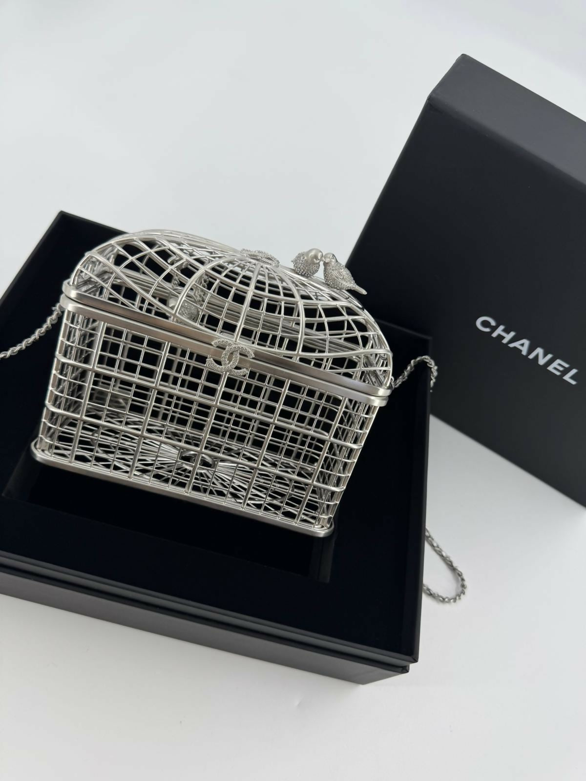Chanel 2025 Rhinestone and Metal Embellishments Sliver Birdcage Minaudière Bag