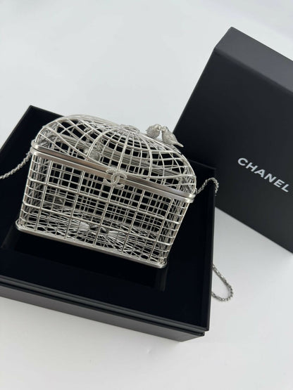 Chanel 2025 Rhinestone and Metal Embellishments Sliver Birdcage Minaudière Bag
