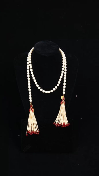 Chanel Red and White Pearl Glass Tassel Pendant Long Necklace Sweater Chain