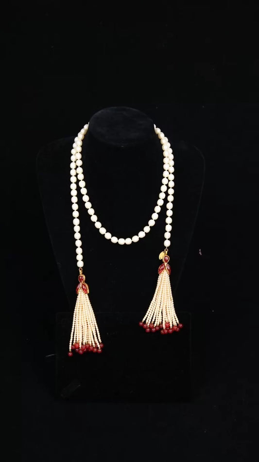 Chanel Red and White Pearl Glass Tassel Pendant Long Necklace Sweater Chain