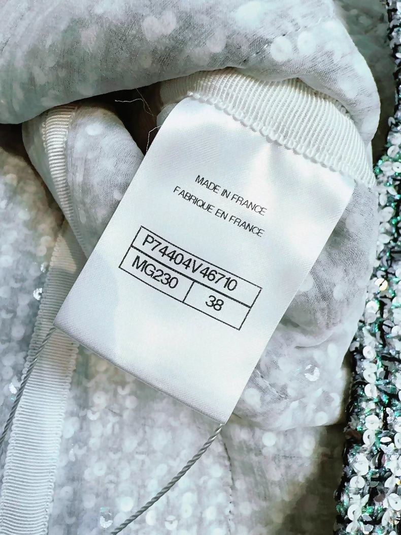 Chanel 23P silver and green sequined tweed jacket