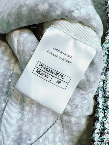 Chanel 23P silver and green sequined tweed jacket