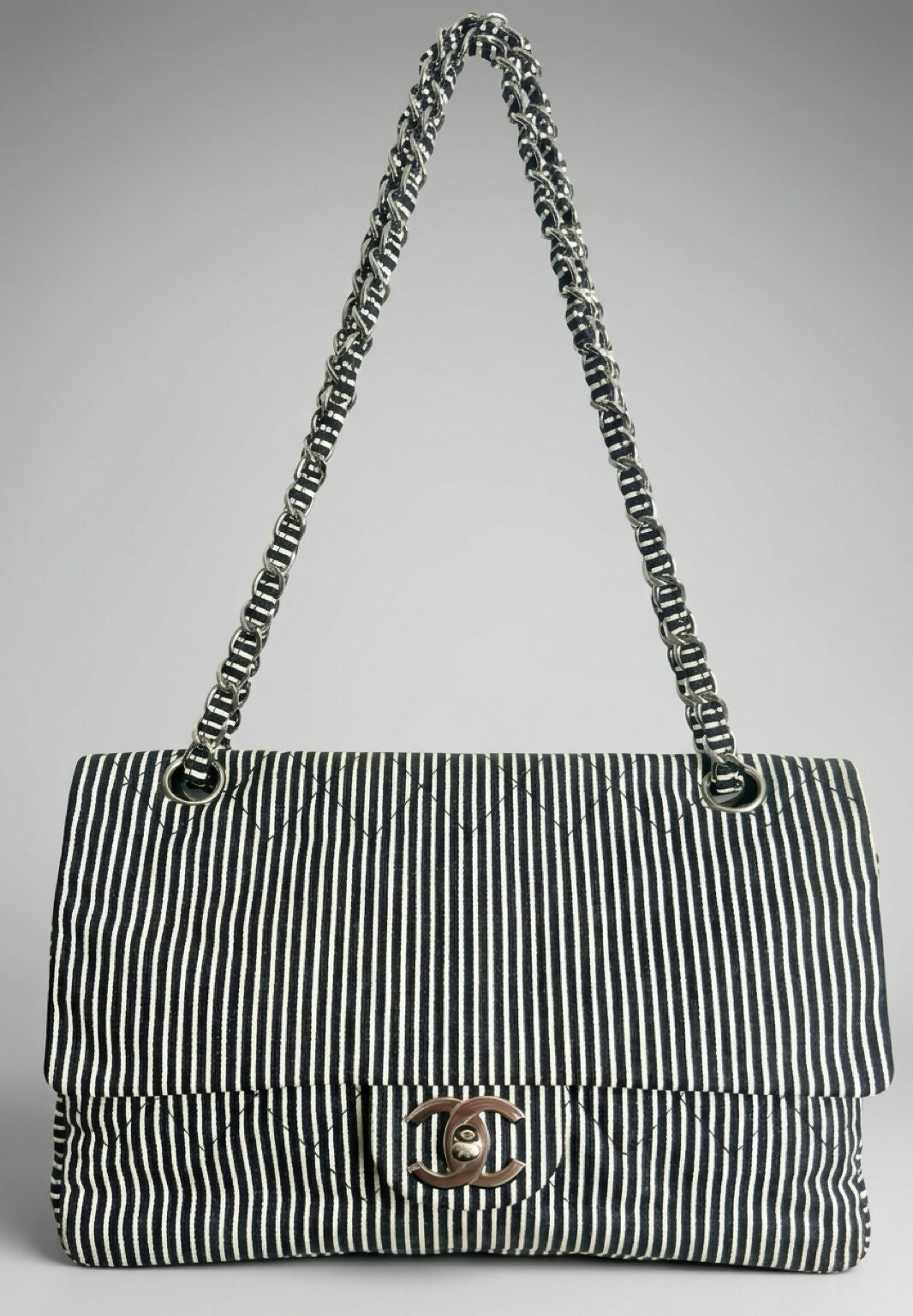 Chanel 08C Medium Black White Stripe Denim Canvas Classic Double Flap Bag
