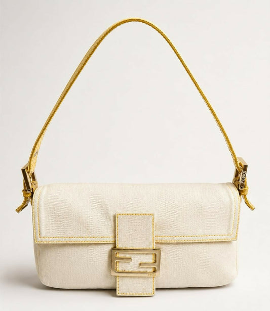 Vintage FENDI White Denim Baguett Bag with Yellow Python Trim