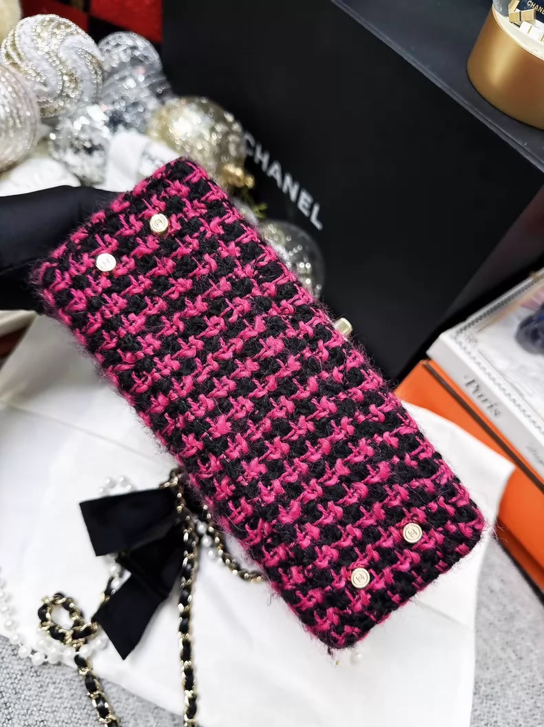 Chanel 23K pink and black checkered tweed box bag