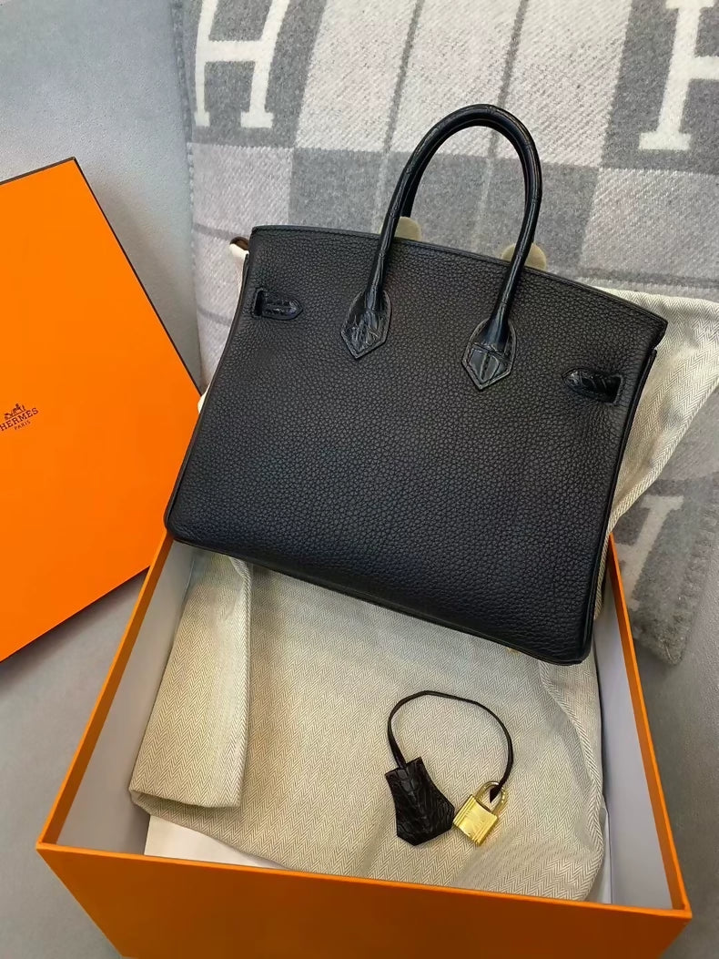 Hermes Birkin touch 25 Black Togo & Matte Alligator Leather with gold hardware