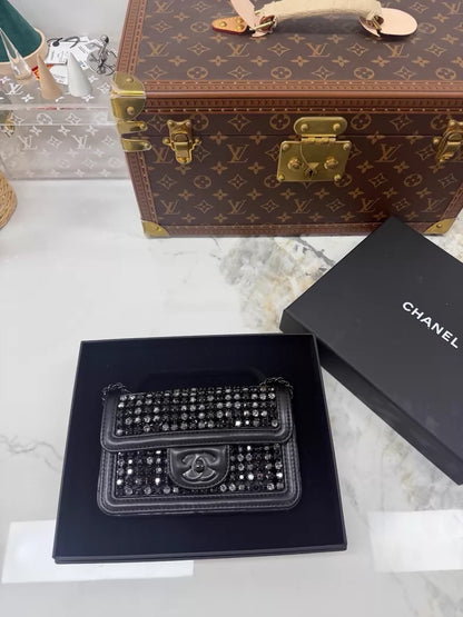 Chanel 24K Evening Bag Mini CF Black Gold Rhinestone Chain Bag