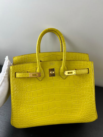 Hermes Birkin 25 Lime Yellow Matte Crocodile Gold Hardware Handbag