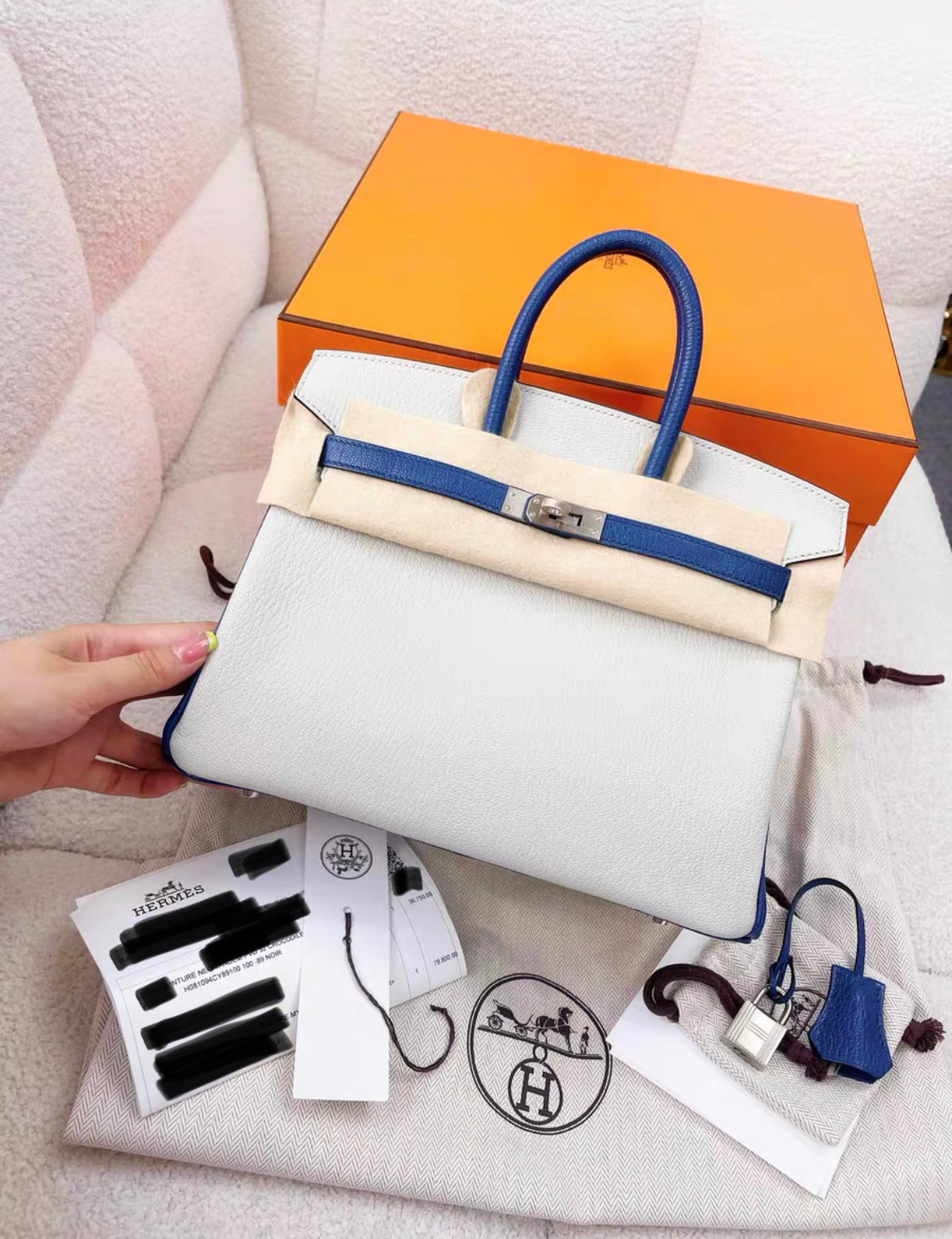 HERMES Birkin 25 Chevre Mysore Bi-Color Horseshoe Gris Perle Bleu Brighton Palladium Hardware