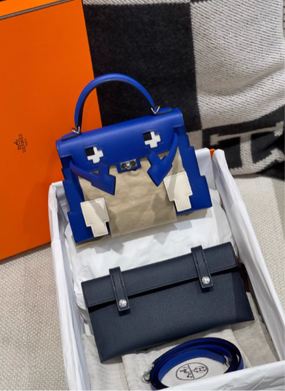 Limited Edition Hermès Kelly Doll Picto in Bleu Royal, Nata, Gold and Bleu Indigo  Epsom Leather with Palladium Hardware