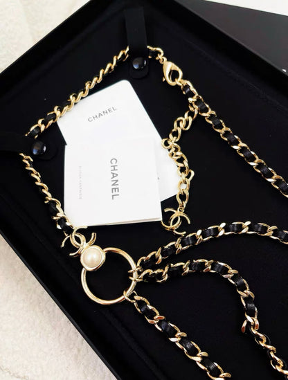 Chanel 22C black gold leather chain and pearl waist chain