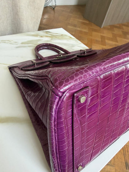 Hermes Birkin HAC 40 Violet Shiny porosus crocodile leather palladium hardware