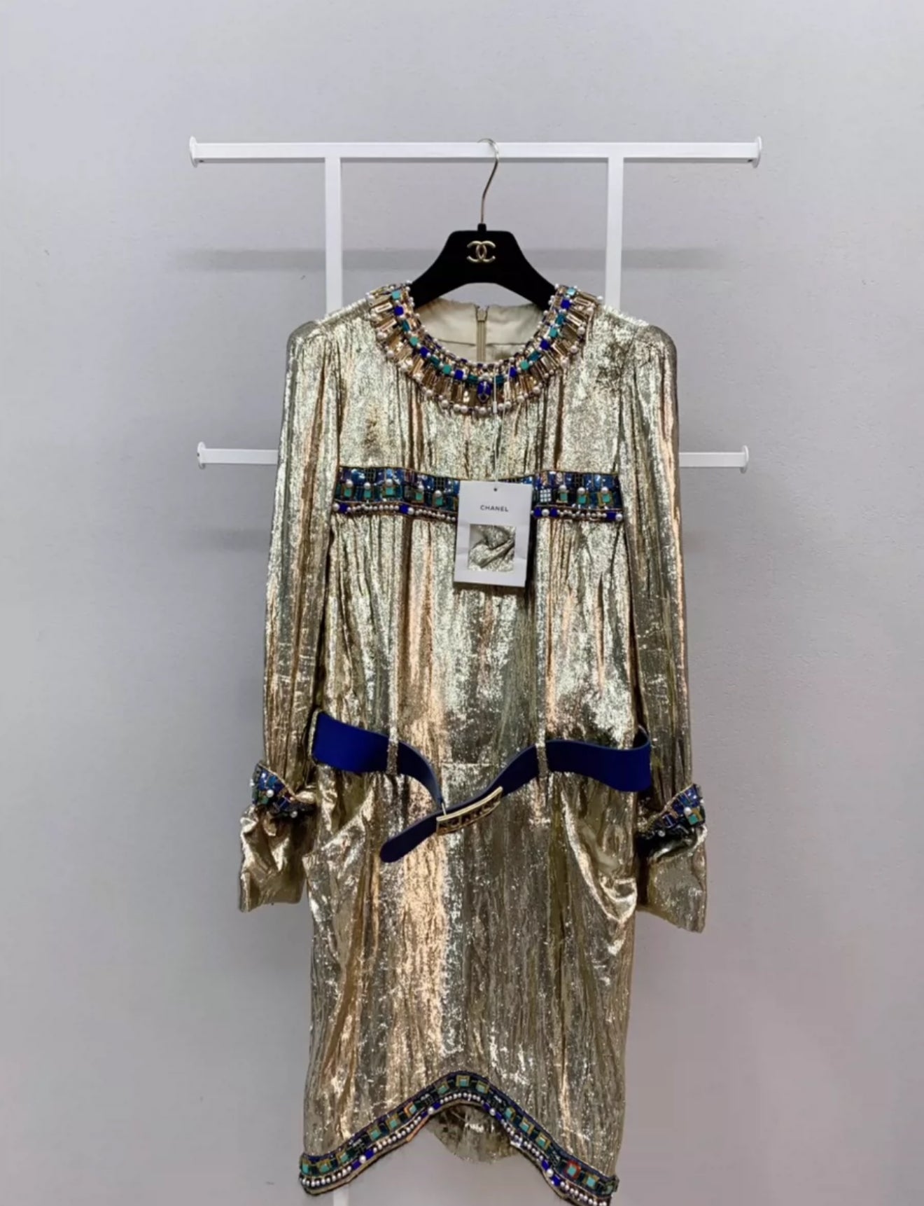 Chanel 19A Embroidered Velvet Light Gold Belt Dress