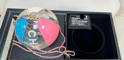 Rare Chanel 2019 Runway White Blue Pink Clear Round Beach Ball Evening Shoulder Bag very good condition full set with original box