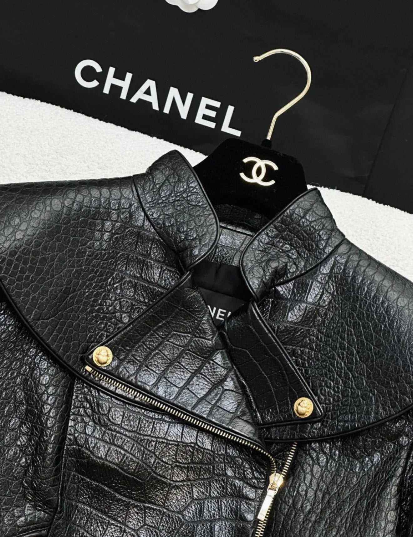 Chanel 19A Black Crocodile Leather Jacket