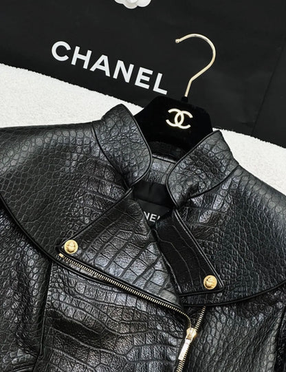 Chanel 19A Black Crocodile Leather Jacket