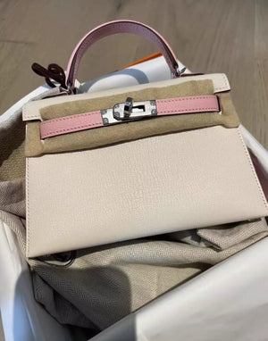 Hermès mini Kelly Chèvre Craie & Rose Sakura Palladium Hardware