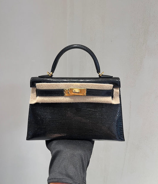 Hermès Mini Kelly 20 Black Lizard Gold hardware