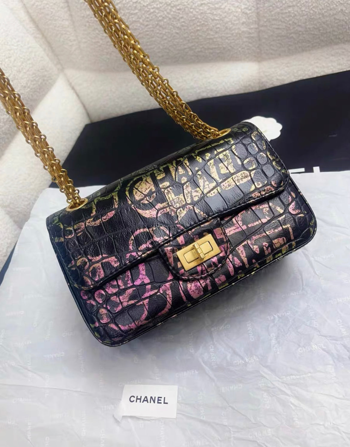 CHANEL 19A IRIDESCENT PINK, GREEN AND GOLD GRAFFITI PRINT BLACK
