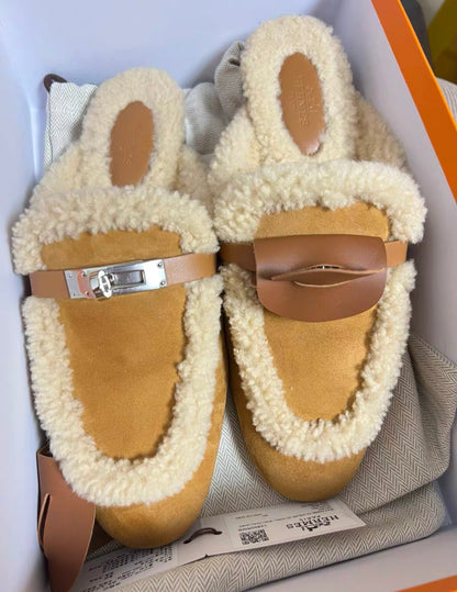 Hermes Oz Mule in Suede Natural Shearling Silver Kelly Buckle Size 38