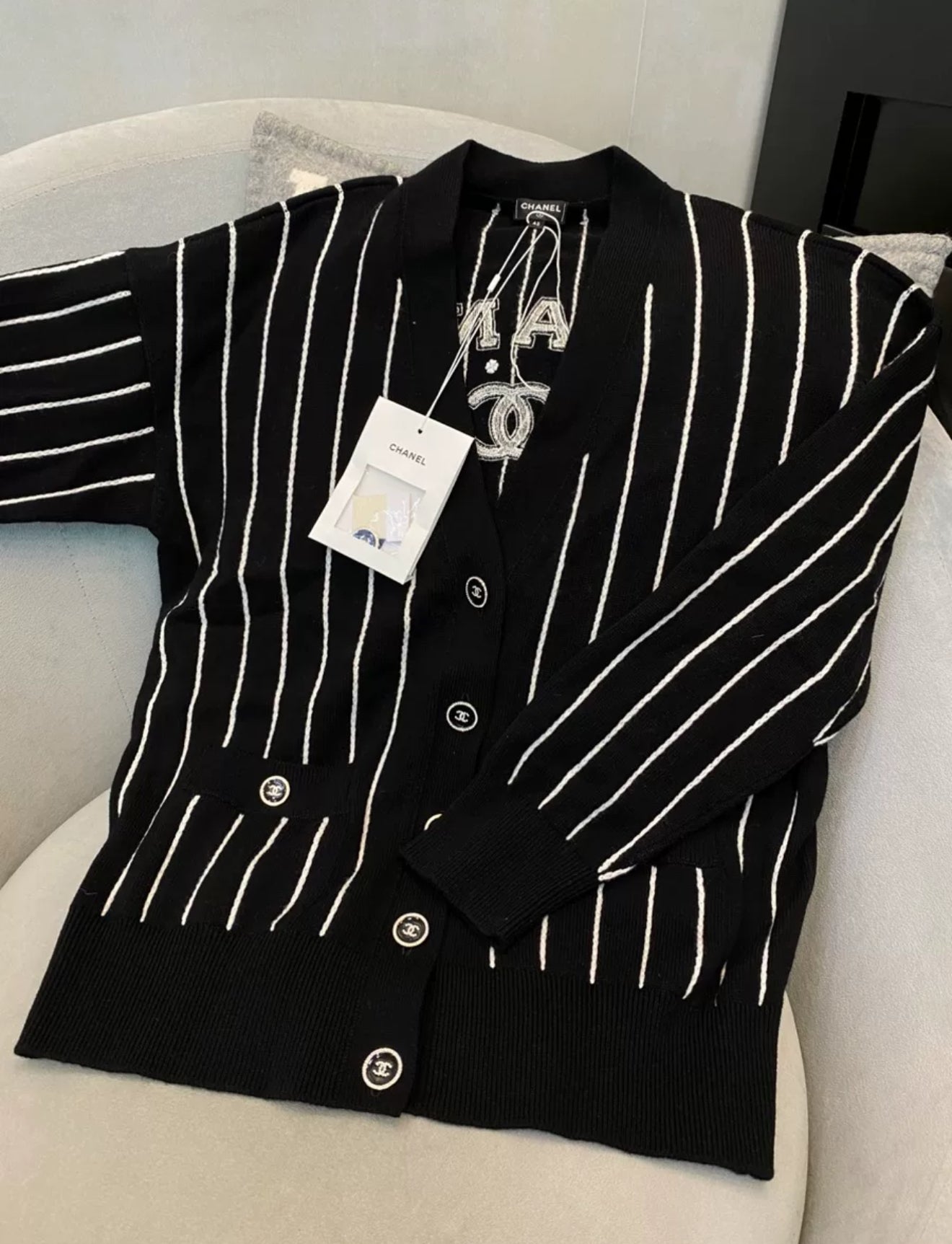 Chanel 23P black and white striped cashmere cardigan