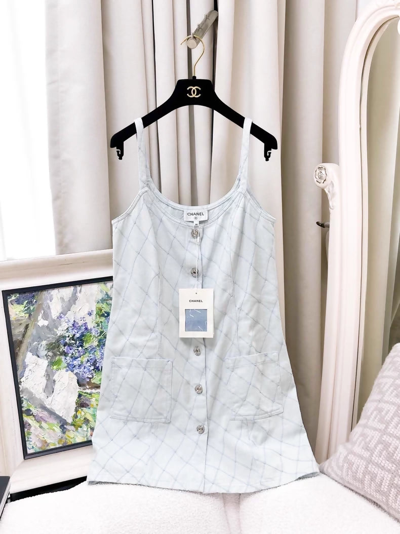 Chanel 26M light blue quilted denim dress