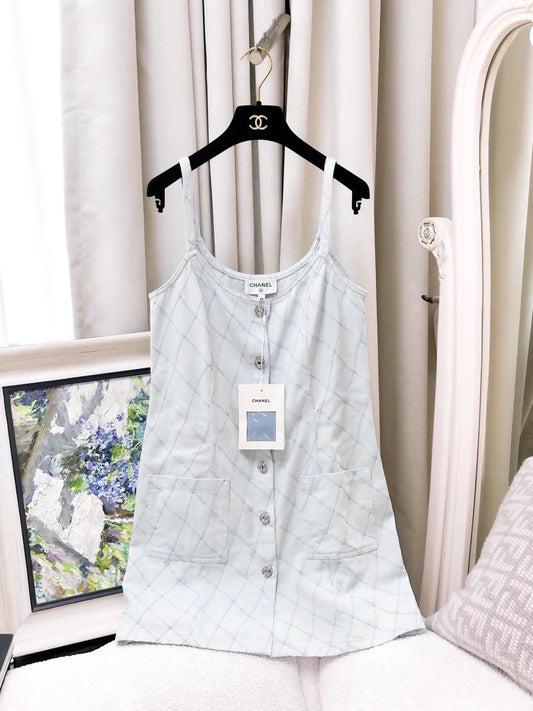 Chanel 26M light blue quilted denim dress