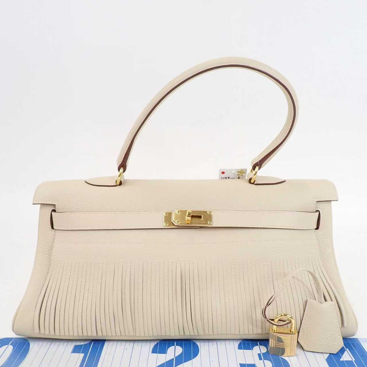 Pre-owned Hermès Fringe Shoulder Kelly 42 JPG Craie Leather Gold Hardware