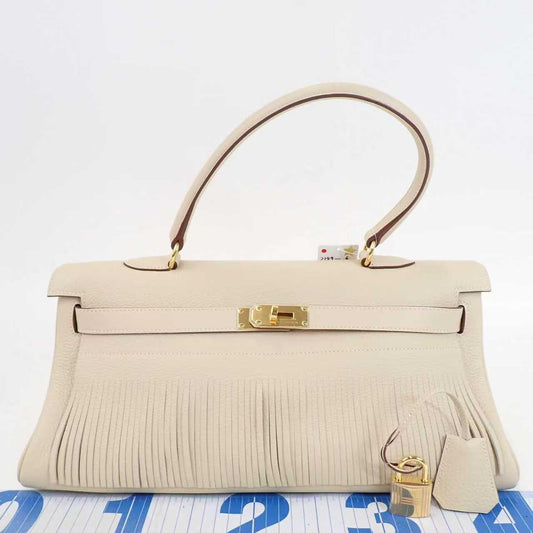 Pre-owned Hermès Fringe Shoulder Kelly 42 JPG Craie Leather Gold Hardware