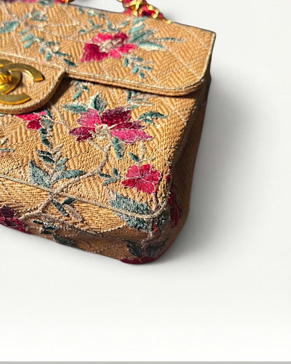 Chanel 1995 Raffia Jumbo flap bag with Red/Green/Gold embroidery and gold hardware red leather chain