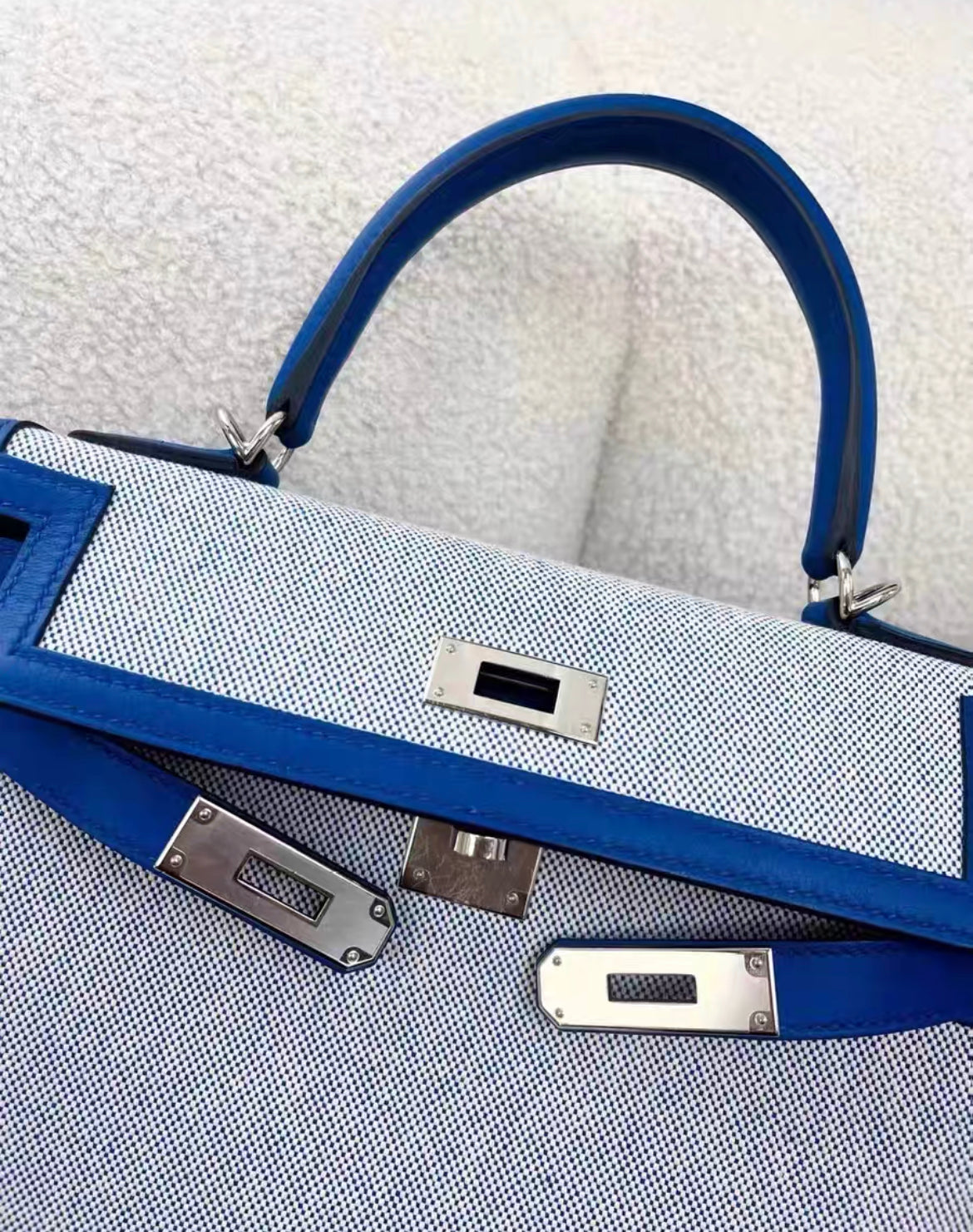 Hermès Kelly Limited Edition 28 Bleu France Swift Toile Palladium Hardware PHW