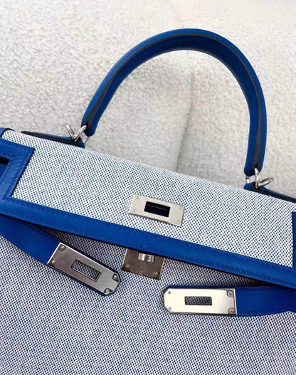 Hermès Kelly Limited Edition 28 Bleu France Swift Toile Palladium Hardware PHW